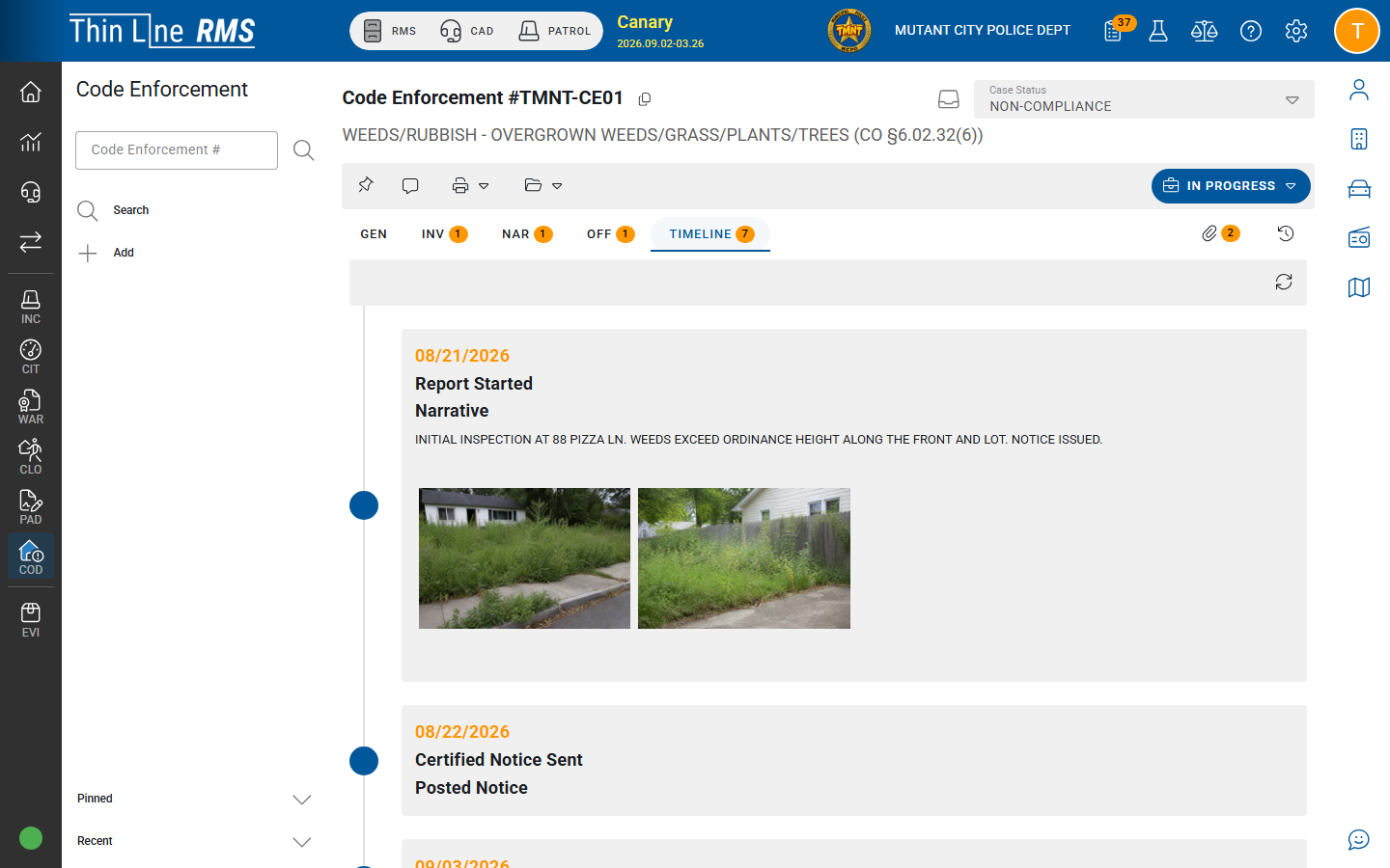 Thin Line Code Enforcement narrative with initial inspection notes.