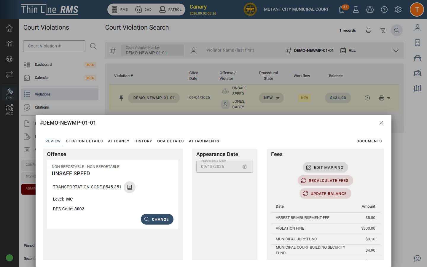 Thin Line court violation search with citation details and docket status
