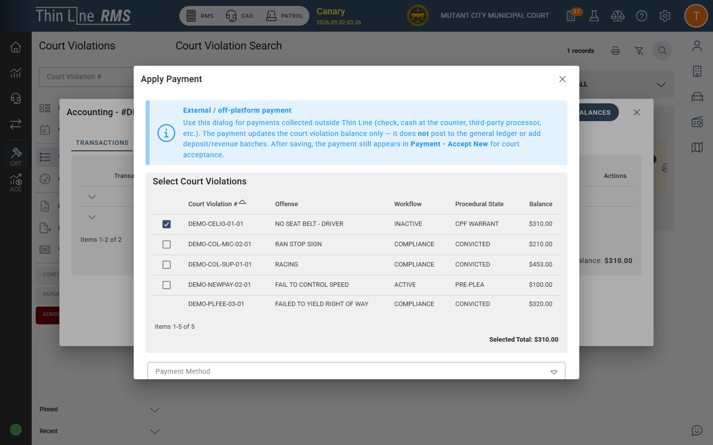 Thin Line court Apply Payment dialog with remaining balance on the case.